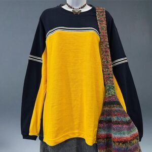 Point Zero Colorblock Long Sleeve Thermal Shirt Yellow Navy Retro Y2K Mens M